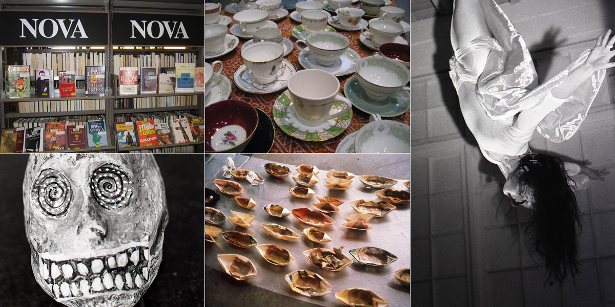 Collage of images, L to R books on library shelves, teacups, woman in white hanging upside down, skull mask, small paper boats