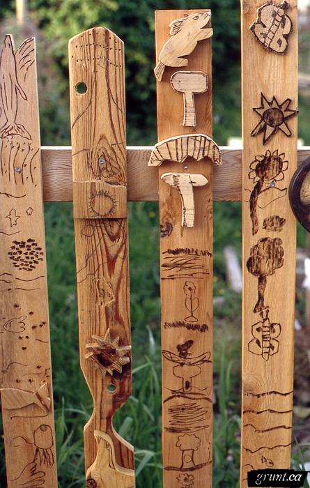 1994 03 Mount Pleasant Community Fence Project 002 detail 4 red cedar pickets cut out shapes and wood burning