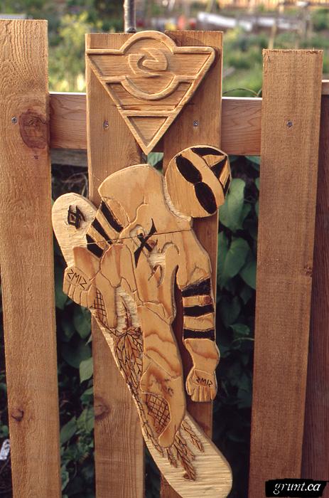 1994 03 Mount Pleasant Community Fence Project 004 detail red cedar skateboarder Tupper Secondary student work